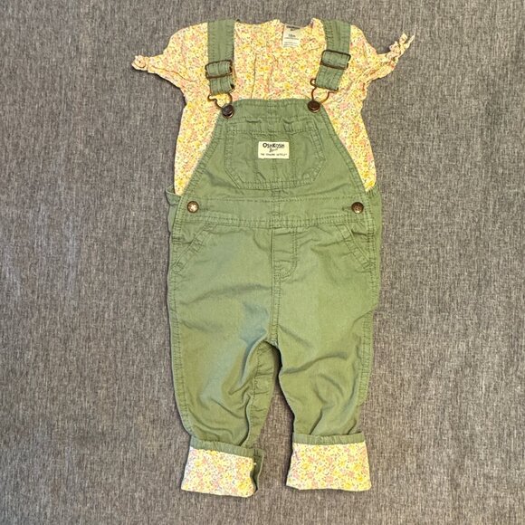 OSHKOSH B’gosh Baby overalls with floral lining & matching shirt - 18 mo - Green - Picture 1 of 12